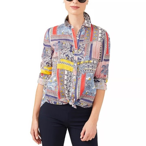 J MCLAUGHLIN Britt Linen Blouse Patchwork Print XS - Picture 1 of 14